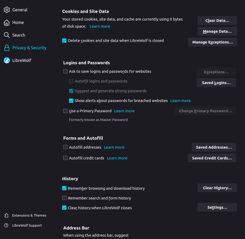 LibreWolf settings